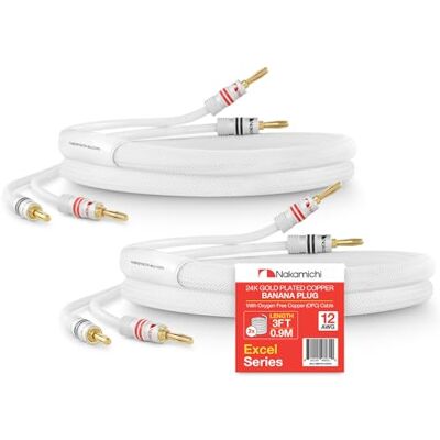 Nakamichi Excel Series Conector tipo banana chapado en oro de 24 quilates con cable de altavoz 99.9% cobre libre de oxígeno (OFC) trenzado Certificado CL2 Blanco (12 AWG / 3 pies / 0,9 m) 2 paquete Nakamichi Excel Series Conector tipo banana chapado en oro de 24 quilates con cable de altavoz 99.9% cobre libre de oxígeno (OFC) trenzado Certificado CL2 Blanco (12 AWG / 3 pies / 0,9 m) 2 paquete