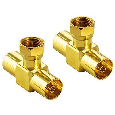 POPPSTAR 2x Adaptador coaxial divisor tipo T (3 conectores: 1x conector F macho a 2x conector CEI hembra), plateado POPPSTAR 2x Adaptador coaxial divisor tipo T (3 conectores: 1x conector F macho a 2x conector CEI hembra), plateado