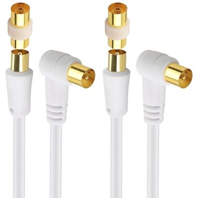 Cable Matters Pack de 2 Cables Coaxiales TV Acodados, 3 m, Blancos Cables coaxiales macho a macho para TV y antena, con conectores acodados para instalación en espacios reducidos Cable Matters Pack de 2 Cables Coaxiales TV Acodados, 3 m, Blancos Cables coaxiales macho a macho para TV y antena, con conectores acodados para instalación en espacios reducidos