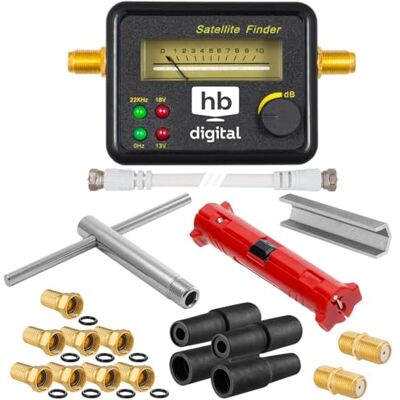 HB-DIGITAL XXL SAT Juego de instalación de satélite con pantalla analógica, 4 ledes, pelacables, llave de montaje, ayuda para girar, 8 F conectores dorados y 4 boquillas de goma para protección contra el agua HB-DIGITAL XXL SAT Juego de instalación de satélite con pantalla analógica, 4 ledes, pelacables, llave de montaje, ayuda para girar, 8 F conectores dorados y 4 boquillas de goma para protección contra el agua