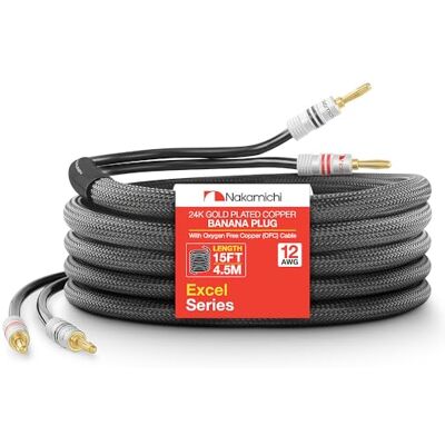 Nakamichi Excel Series Conector tipo banana chapado en oro de 24 quilates con cable de altavoz (15 pies) 99.9% cobre libre de oxígeno (OFC) trenzado resistente Negro (12 AWG / 15 pies / 4.5 m) Nakamichi Excel Series Conector tipo banana chapado en oro de 24 quilates con cable de altavoz (15 pies) 99.9% cobre libre de oxígeno (OFC) trenzado resistente Negro (12 AWG / 15 pies / 4.5 m)