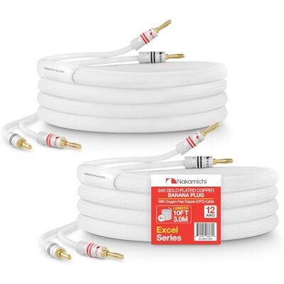 Nakamichi Excel Series Conector tipo banana chapado en oro de 24 quilates con cable de altavoz 99.9% cobre libre de oxígeno (OFC) trenzado Certificado CL2 Blanco (12 AWG / 10 pies / 3,0 m) 2 paquete Nakamichi Excel Series Conector tipo banana chapado en oro de 24 quilates con cable de altavoz 99.9% cobre libre de oxígeno (OFC) trenzado Certificado CL2 Blanco (12 AWG / 10 pies / 3,0 m) 2 paquete