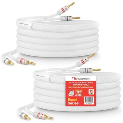 Nakamichi Excel Series Conector tipo banana chapado en oro de 24 quilates con cable de altavoz 99.9% cobre libre de oxígeno (OFC) trenzado Certificado CL2 Blanco (12 AWG / 15 pies / 4,5 m) 2 paquete Nakamichi Excel Series Conector tipo banana chapado en oro de 24 quilates con cable de altavoz 99.9% cobre libre de oxígeno (OFC) trenzado Certificado CL2 Blanco (12 AWG / 15 pies / 4,5 m) 2 paquete