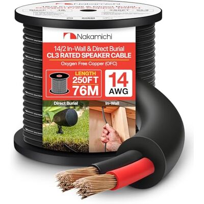 Nakamichi 14/2 (250 pies) Cable de altavoz de 2 conductores en cobre libre de oxígeno (OFC) para instalación en pared y enterrado directamente (certificado UL CL3), negro (14AWG / 250ft / 76,21m) Nakamichi 14/2 (250 pies) Cable de altavoz de 2 conductores en cobre libre de oxígeno (OFC) para instalación en pared y enterrado directamente (certificado UL CL3), negro (14AWG / 250ft / 76,21m)