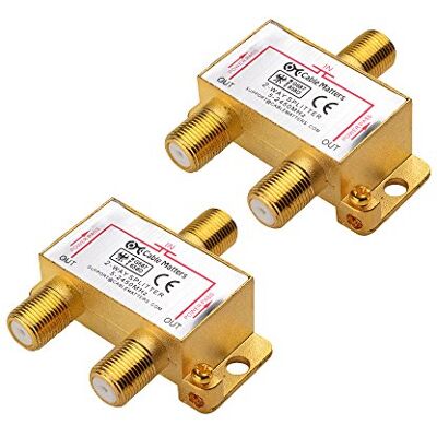 Cable Matters Pack de 2 Divisores Coaxiales Bidireccionales 2,4 GHz Divisor coaxial de 2 vías con paso de energía en todos los puertos, para TV, STB, antena y red MOCA Cable Matters Pack de 2 Divisores Coaxiales Bidireccionales 2,4 GHz Divisor coaxial de 2 vías con paso de energía en todos los puertos, para TV, STB, antena y red MOCA
