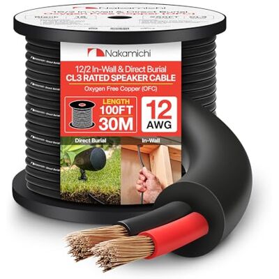 Nakamichi 12/2 (100 pies) Cable de altavoz de 2 conductores en cobre libre de oxígeno (OFC) para instalación en pared y enterrado directamente (certificado UL CL3), negro (12AWG / 100ft / 30,48m) Nakamichi 12/2 (100 pies) Cable de altavoz de 2 conductores en cobre libre de oxígeno (OFC) para instalación en pared y enterrado directamente (certificado UL CL3), negro (12AWG / 100ft / 30,48m)