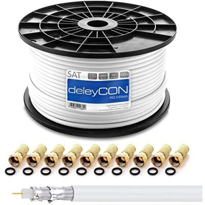 deleyCON HQ 100m Cable Coaxial SAT 130dB Blindado de 4 Capas DVB-S+S2/T/C Cable de Banda Ancha 4K 1080p FULL HD HDTV con 10 Conectores f Dorados deleyCON HQ 100m Cable Coaxial SAT 130dB Blindado de 4 Capas DVB-S+S2/T/C Cable de Banda Ancha 4K 1080p FULL HD HDTV con 10 Conectores f Dorados