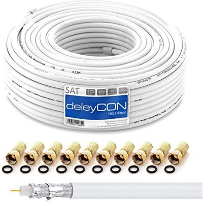 deleyCON HQ 50m Cable Coaxial SAT 130dB Blindado de 4 Capas DVB-S+S2 DVB-T DVB-C Cable de Banda Ancha 4K 1080p FULL HD HDTV 10 Conectores F Dorados deleyCON HQ 50m Cable Coaxial SAT 130dB Blindado de 4 Capas DVB-S+S2 DVB-T DVB-C Cable de Banda Ancha 4K 1080p FULL HD HDTV 10 Conectores F Dorados