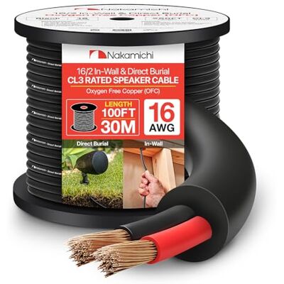 Nakamichi 16/2 (100 pies) Cable de altavoz de 2 conductores en cobre libre de oxígeno (OFC) para instalación en pared y enterrado directamente (certificado UL CL3), negro (16AWG / 100ft / 30,48m) Nakamichi 16/2 (100 pies) Cable de altavoz de 2 conductores en cobre libre de oxígeno (OFC) para instalación en pared y enterrado directamente (certificado UL CL3), negro (16AWG / 100ft / 30,48m)