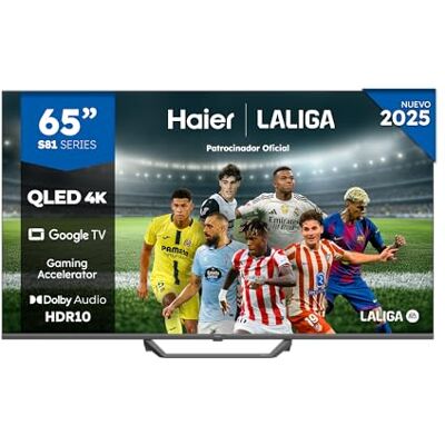 HAIER QLED 4K UHD H65S81FUX 65", Smart TV, Google TV, Dolby Audio, HDR 10, Smart Remote Control, Google Assistant, Bluetooth 5.1, 120Hz Gaming, USB 2.0, DBX TV, HDMI 2.1 x 4, Sin Marcos, 2025 HAIER QLED 4K UHD H65S81FUX 65", Smart TV, Google TV, Dolby Audio, HDR 10, Smart Remote Control, Google Assistant, Bluetooth 5.1, 120Hz Gaming, USB 2.0, DBX TV, HDMI 2.1 x 4, Sin Marcos, 2025