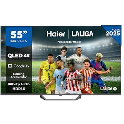 HAIER QLED 4K UHD H55S81FUX 55", Smart TV, Google TV, Dolby Audio, HDR 10, Smart Remote Control, Google Assistant, Bluetooth 5.1, 120Hz Gaming, USB 2.0, DBX TV, HDMI 2.1 x 4, Sin Marcos, 2025 HAIER QLED 4K UHD H55S81FUX 55", Smart TV, Google TV, Dolby Audio, HDR 10, Smart Remote Control, Google Assistant, Bluetooth 5.1, 120Hz Gaming, USB 2.0, DBX TV, HDMI 2.1 x 4, Sin Marcos, 2025