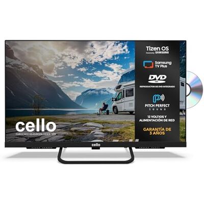 Cello CTRAV-24TZF TV Smart LED 24" 12V con DVD para Autocaravana y Camping, Tizen OS de Samsung, Gaming Hub, Altavoces Pitch, Bluetooth, Triple Sintonizador Cello CTRAV-24TZF TV Smart LED 24" 12V con DVD para Autocaravana y Camping, Tizen OS de Samsung, Gaming Hub, Altavoces Pitch, Bluetooth, Triple Sintonizador