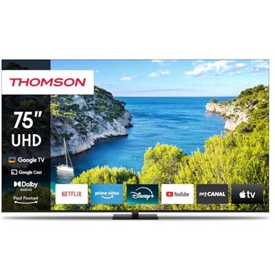 Thomson 75 Pulgadas (190cm) 4K Ultra HD Smart Google TV, Wi-Fi,Dolby Audio, HDR10, Bluetooth 5.1, Triple-Tuner (Cable/Satélite/Antena), HDMI, Ci+, A+ Panel 75UG5C14 Thomson 75 Pulgadas (190cm) 4K Ultra HD Smart Google TV, Wi-Fi,Dolby Audio, HDR10, Bluetooth 5.1, Triple-Tuner (Cable/Satélite/Antena), HDMI, Ci+, A+ Panel 75UG5C14