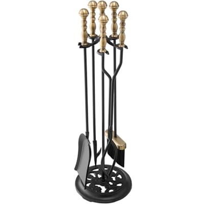 VEVOR Juego de 5 Herramientas para Chimenea de Hierro Forjado, con Soporte de Cinco Puntas, Pinzas, Pala para Cenizas, Cepillo y Atizador, Interior y Exterior, Negro y Latón, 770 x 225 x 225 mm VEVOR Juego de 5 Herramientas para Chimenea de Hierro Forjado, con Soporte de Cinco Puntas, Pinzas, Pala para Cenizas, Cepillo y Atizador, Interior y Exterior, Negro y Latón, 770 x 225 x 225 mm