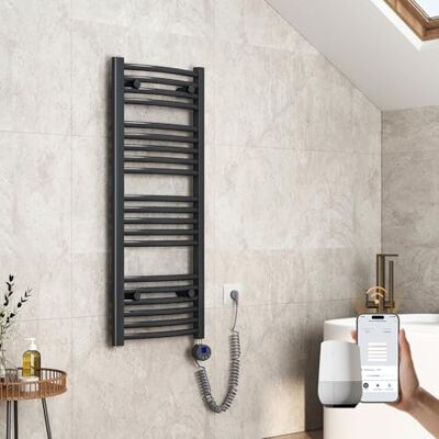 EMKE Radiador de baño eléctrico Curvado, 1200 x 400 mm, con WiFi, Calentador de Toallas eléctrico, Toalla de baño con termostato y Barra de calefacción, 500 W, Antracita EMKE Radiador de baño eléctrico Curvado, 1200 x 400 mm, con WiFi, Calentador de Toallas eléctrico, Toalla de baño con termostato y Barra de calefacción, 500 W, Antracita