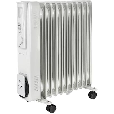 Emerio Radiador de aceite para habitaciones de hasta 25 m², 2500 W, 11 costillas, 3 niveles de calor (1000/1500/2500 W), termostato con estanterías, ruedas de funcionamiento suave Emerio Radiador de aceite para habitaciones de hasta 25 m², 2500 W, 11 costillas, 3 niveles de calor (1000/1500/2500 W), termostato con estanterías, ruedas de funcionamiento suave