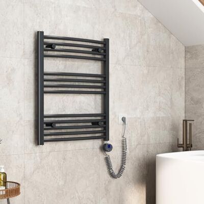 EMKE Radiador eléctrico con termostato, 750 x 600 mm, radiador de baño curvado, antracita, calentador de toallas para electricidad, toallero con barra calefactora, 300 W EMKE Radiador eléctrico con termostato, 750 x 600 mm, radiador de baño curvado, antracita, calentador de toallas para electricidad, toallero con barra calefactora, 300 W
