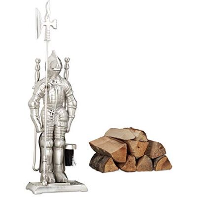 Relaxdays Juego de Utensilios Chimenea en Forma de Caballero Medieval, Hierro Fundido, Plateado, 72x21x12.5 cm, 4 Piezas Relaxdays Juego de Utensilios Chimenea en Forma de Caballero Medieval, Hierro Fundido, Plateado, 72x21x12.5 cm, 4 Piezas