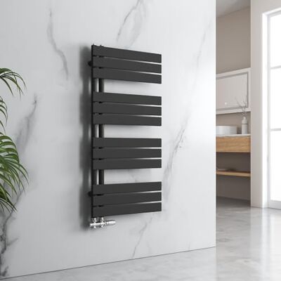 EMKE Radiador de baño, toallero, 1320 x 500 mm, conector lateral, plano, calentador de toallas, radiador de baño, color negro, 661 W EMKE Radiador de baño, toallero, 1320 x 500 mm, conector lateral, plano, calentador de toallas, radiador de baño, color negro, 661 W