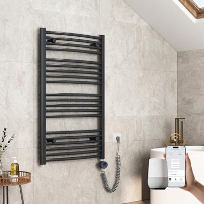 EMKE Radiador de baño eléctrico Curvado, 1200 x 600 mm, con WiFi, toallero eléctrico, Toalla, radiador de baño con termostato y Varilla de calefacción, 600 W, Antracita EMKE Radiador de baño eléctrico Curvado, 1200 x 600 mm, con WiFi, toallero eléctrico, Toalla, radiador de baño con termostato y Varilla de calefacción, 600 W, Antracita