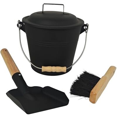Relaxdays Cubo de Cenizas con Tapa, 4,5 l, Incluye Cepillo y Pala, asa, 18x21.5x16.5 cm, Negro/Natural Relaxdays Cubo de Cenizas con Tapa, 4,5 l, Incluye Cepillo y Pala, asa, 18x21.5x16.5 cm, Negro/Natural