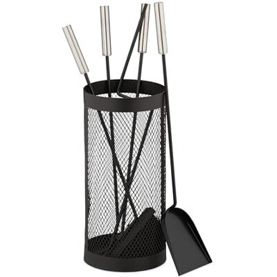 Relaxdays Accesorios Chimenea, 5 Piezas, en Cubo, Set de Estufa con Atizador, Pinzas, Escoba, Pala y Soporte, Negro Relaxdays Accesorios Chimenea, 5 Piezas, en Cubo, Set de Estufa con Atizador, Pinzas, Escoba, Pala y Soporte, Negro