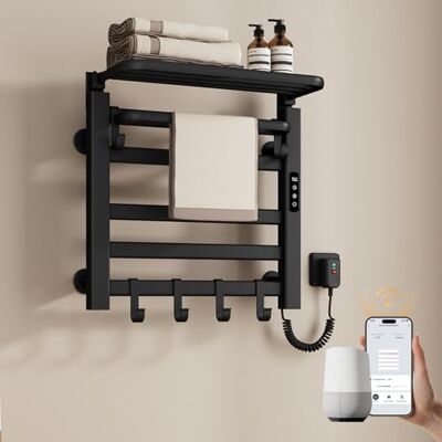 EMKE Radiador eléctrico de baño toallero, 500 x 500 mm, temperatura constante inteligente, toallero eléctrico, con estante, color negro, 140 W EMKE Radiador eléctrico de baño toallero, 500 x 500 mm, temperatura constante inteligente, toallero eléctrico, con estante, color negro, 140 W