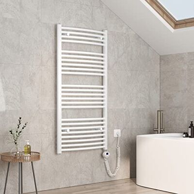 EMKE Radiador eléctrico con termostato, 1200 x 600 mm, radiador de baño Curvado, Blanco, Calentador de Toallas para Electricidad, toallero con Barra calefactora 600 W EMKE Radiador eléctrico con termostato, 1200 x 600 mm, radiador de baño Curvado, Blanco, Calentador de Toallas para Electricidad, toallero con Barra calefactora 600 W