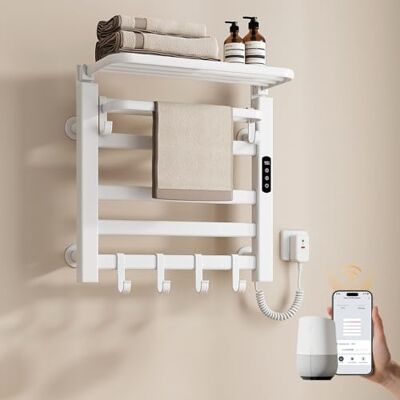 EMKE Radiador eléctrico de baño 50 x 50 cm, calentador de toallas de 140 W con control de aplicación WiFi, radiador de toallas de fibra de carbono con estante plegable y 6 ganchos, IPX5 resistente a EMKE Radiador eléctrico de baño 50 x 50 cm, calentador de toallas de 140 W con control de aplicación WiFi, radiador de toallas de fibra de carbono con estante plegable y 6 ganchos, IPX5 resistente a