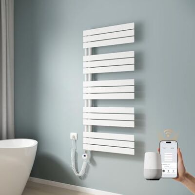 EMKE Toallero eléctrico con wifi, 1320 x 600 mm, plano, radiador de baño, toallero eléctrico, calentador de toallas con termostato y barra de calefacción, 800 W, color blanco EMKE Toallero eléctrico con wifi, 1320 x 600 mm, plano, radiador de baño, toallero eléctrico, calentador de toallas con termostato y barra de calefacción, 800 W, color blanco