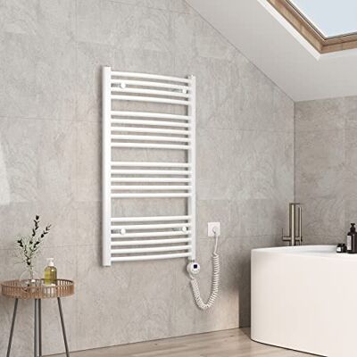 EMKE Radiador eléctrico con termostato, 1000 x 600 mm, radiador de baño curvado, blanco, calentador de toallas para electricidad, toallero con barra calefactora, 500 W EMKE Radiador eléctrico con termostato, 1000 x 600 mm, radiador de baño curvado, blanco, calentador de toallas para electricidad, toallero con barra calefactora, 500 W