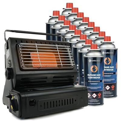 EUROCATCH Calefactor de gas Incl. 16 Bombonas de gas Estufa Calentador de patio Calentador Portátil Ajustable Butane EUROCATCH Calefactor de gas Incl. 16 Bombonas de gas Estufa Calentador de patio Calentador Portátil Ajustable Butane