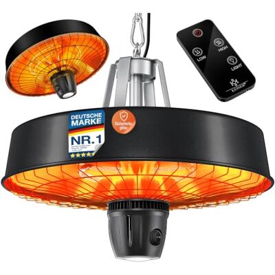 KESSER Estufa de techo con infrarrojos de 2500 W, con mando a distancia, calentador de cuarzo, luz LED, techo, con cadena y mosquetón, elemento calefactor de carbono KESSER Estufa de techo con infrarrojos de 2500 W, con mando a distancia, calentador de cuarzo, luz LED, techo, con cadena y mosquetón, elemento calefactor de carbono