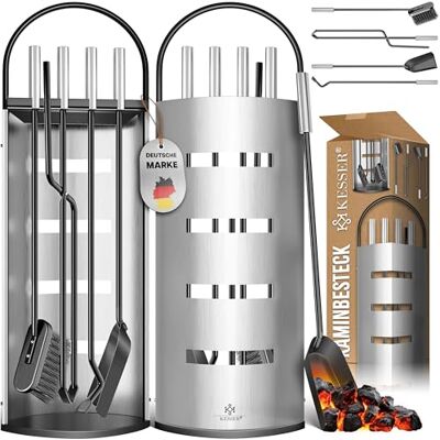 KESSER ® Juego de chimenea de 5 piezas diseño moderno, revestido, juego de chimenea de alta calidad compuesto por 5 piezas: escoba, pala, atizador, pinzas Plateado KESSER ® Juego de chimenea de 5 piezas diseño moderno, revestido, juego de chimenea de alta calidad compuesto por 5 piezas: escoba, pala, atizador, pinzas Plateado