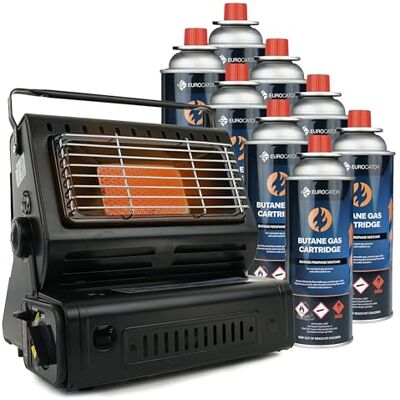 EUROCATCH Calefactor de gas Incl. 8 Bombonas de gas Estufa Calentador de patio Calentador Portátil Ajustable Butane EUROCATCH Calefactor de gas Incl. 8 Bombonas de gas Estufa Calentador de patio Calentador Portátil Ajustable Butane