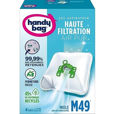 Handy Bag Bolsas de aspiradora x 4 bolsas compatibles con Miele, Hoover 99,99% de polvo retenido Cierre fácil Filtro antialérgeno 45% de materiales reciclados Lote de 3 Handy Bag Bolsas de aspiradora x 4 bolsas compatibles con Miele, Hoover 99,99% de polvo retenido Cierre fácil Filtro antialérgeno 45% de materiales reciclados Lote de 3