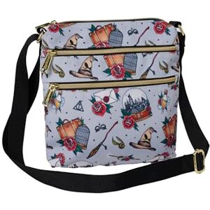 Loungefly Bolsa cruzada de viaje con diseño de reliquias de Harry Potter, color gris, Gris Loungefly Bolsa cruzada de viaje con diseño de reliquias de Harry Potter, color gris, Gris