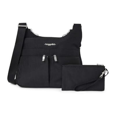 Baggallini Bolso cruzado cruzado, ligero, resistente al agua, Negro con forro de arena, talla única Baggallini Bolso cruzado cruzado, ligero, resistente al agua, Negro con forro de arena, talla única