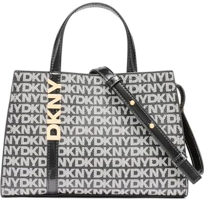 DKNY Avril SMALL Satchel Crossbody para mujer, 100% PVC con ribete de poliuretano, logotipo negro y negro DKNY Avril SMALL Satchel Crossbody para mujer, 100% PVC con ribete de poliuretano, logotipo negro y negro