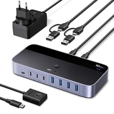UGREEN 10Gbps Switch USB C 3.2 Conmutador KVM 2 Entradas 7 Salidas USB 4A3C, para Teclado, Ratón, Disco Duro, Impresora, Escáner, Micrófono, con Adaptador USBC, Alimentación DC 12 V UGREEN 10Gbps Switch USB C 3.2 Conmutador KVM 2 Entradas 7 Salidas USB 4A3C, para Teclado, Ratón, Disco Duro, Impresora, Escáner, Micrófono, con Adaptador USBC, Alimentación DC 12 V