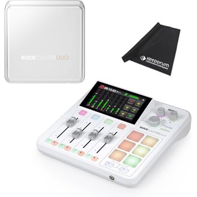 RØDE Rode Rodecaster Duo Mesa de mezclas con cubierta protectora Rodecover Duo y paño de microfibra keepdrum, color blanco RØDE Rode Rodecaster Duo Mesa de mezclas con cubierta protectora Rodecover Duo y paño de microfibra keepdrum, color blanco