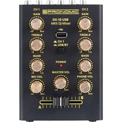 Pronomic DX-10 USB MKII DJ Mixer, Mezclador DJ ultracompacto, 2 canales Puerto USB para reproducción de archivos MP3, Interfaz Bluetooth para reproducción inalámbrica de música, 5 x 5 x 15 cm Pronomic DX-10 USB MKII DJ Mixer, Mezclador DJ ultracompacto, 2 canales Puerto USB para reproducción de archivos MP3, Interfaz Bluetooth para reproducción inalámbrica de música, 5 x 5 x 15 cm