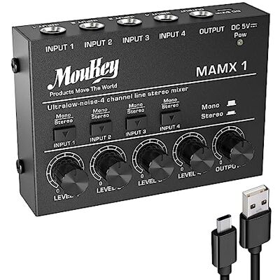 Moukey Mezclador estéreo de audio de estudio , 4 canales para discotecas, bares, escenarios, mesas de mezclas, guitarras, bajos y teclados, MAMX1 Moukey Mezclador estéreo de audio de estudio , 4 canales para discotecas, bares, escenarios, mesas de mezclas, guitarras, bajos y teclados, MAMX1