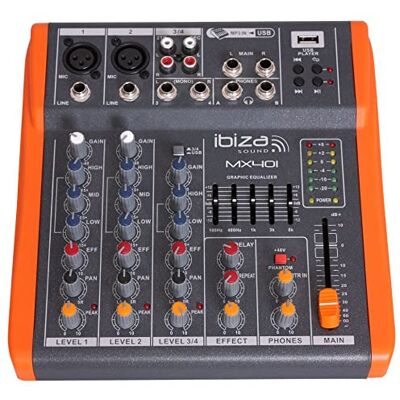 Ibiza MX401 Completo mezclador semiprofesional de 4 canales (ecualizador de 5 bandas) con entradas de micrófono y línea y salidas REC, RCA, auriculares y AUX USB Negro y naranja Ibiza MX401 Completo mezclador semiprofesional de 4 canales (ecualizador de 5 bandas) con entradas de micrófono y línea y salidas REC, RCA, auriculares y AUX USB Negro y naranja