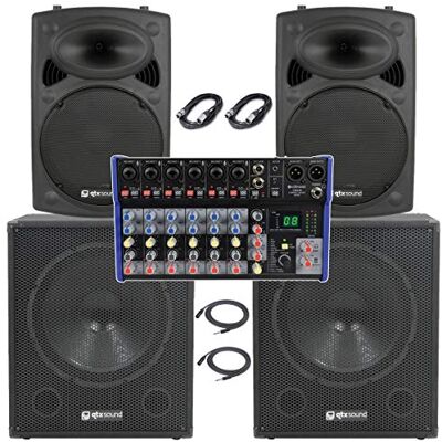 QTX Sistema de sonido de Astounded, 2000 W, de 10 canales, activo, para banda en vivo, sistema PA con mezclador USB. QTX Sistema de sonido de Astounded, 2000 W, de 10 canales, activo, para banda en vivo, sistema PA con mezclador USB.