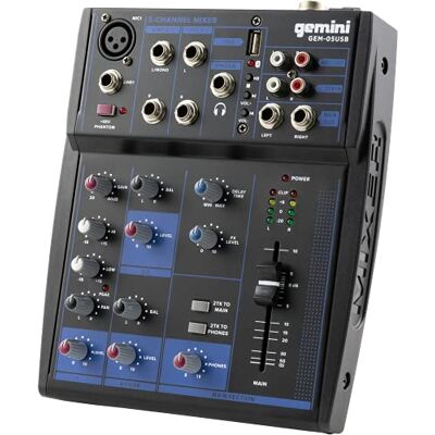 Gemini Sound Mezclador analógico de 5 canales compacto que incluye un canal de micrófono de baja ruido, EQ de 2 bandas, reproducción USB de dispositivos USB y transmisión de Bluetooth Gemini Sound Mezclador analógico de 5 canales compacto que incluye un canal de micrófono de baja ruido, EQ de 2 bandas, reproducción USB de dispositivos USB y transmisión de Bluetooth