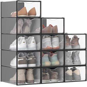 SONGMICS Cajas para Zapatos, Organizador de Zapatos de Plástico, con Puerta, Transparente, Juego de 12, Apilable, 33,2 x 23 x 14,5 cm, para Zapatos hasta 43, Transparente y Negro Tinta LSP312B01 SONGMICS Cajas para Zapatos, Organizador de Zapatos de Plástico, con Puerta, Transparente, Juego de 12, Apilable, 33,2 x 23 x 14,5 cm, para Zapatos hasta 43, Transparente y Negro Tinta LSP312B01