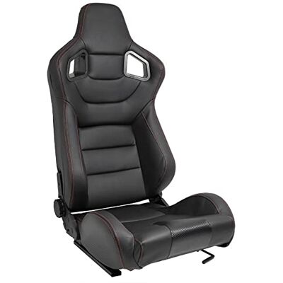 AUTO-STYLE Asiento Deportivo 'RK' Cuero Artificial Negro + Costuras Rojas Respaldo Ajustable de Doble Cara incl. Correderas AUTO-STYLE Asiento Deportivo 'RK' Cuero Artificial Negro + Costuras Rojas Respaldo Ajustable de Doble Cara incl. Correderas