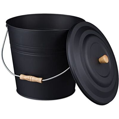 Relaxdays Cubo Cenizas con Tapa, 12 litros, Accesorio Chimenea, BBQ, Acero y Madera, Contenedor Ceniza con Asa, Negro Relaxdays Cubo Cenizas con Tapa, 12 litros, Accesorio Chimenea, BBQ, Acero y Madera, Contenedor Ceniza con Asa, Negro