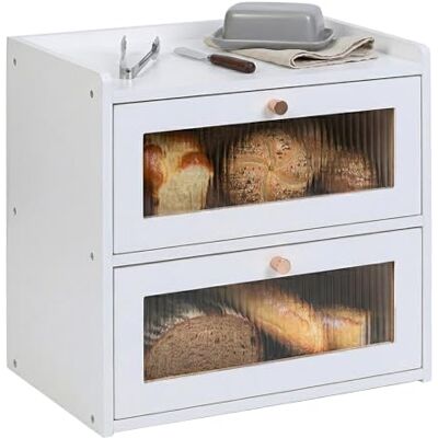Relaxdays , panera de bambú, 2 niveles, blanca Con ventanas de lamas y puertas abatibles, 34 x 36,5 x 24 cm Relaxdays , panera de bambú, 2 niveles, blanca Con ventanas de lamas y puertas abatibles, 34 x 36,5 x 24 cm